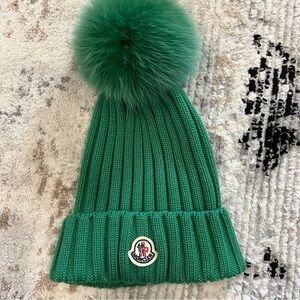 MONCLER WOOL BEANIE WITH FAUX FUR POM POM